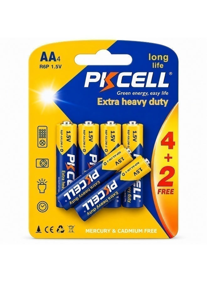 بي كي سيل PKCELL AA Super Heavy Duty Carbon-Zinc Batteries, 4+2 Free Pack, 6 Batteries, 1.5V, R6P, for Clocks, Remote Controls and Household Electronics - Image 1