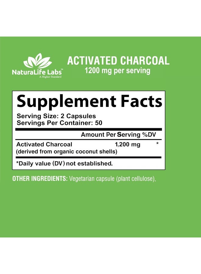 NaturaLife Labs Organic Activated Charcoal Capsules - 1,200mg, 100 Vegan Capsules - Image 2