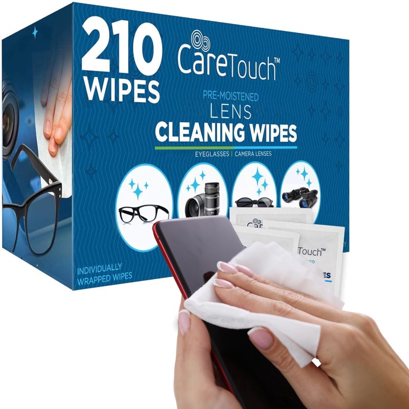 Care Touch Care Touch Lens Wipes for Eyeglasses - 210 Individually Wrapped Pre-Moistened Wipes, 5x6 Inches - Cleaner for Glasses, Sunglasses, and Screens - Gentle and Portable for On-the-Go Cleaning of Devices  - Image 1