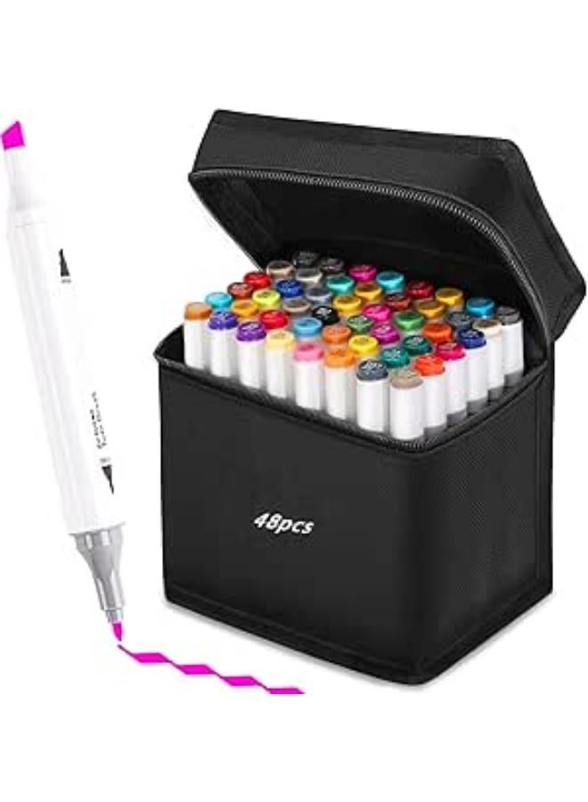 Topspitgo Marker Set, Two Tip Highlighter with Carry Bag for Sketching Colour Markers for Highlighting and Underlining. (48 Colours White)