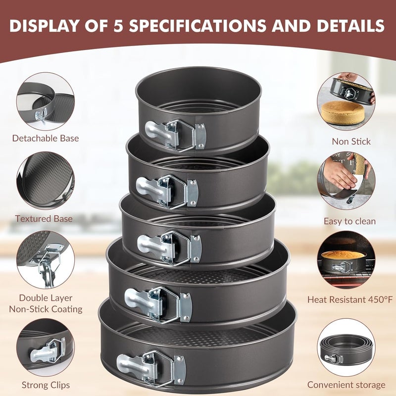 Tunyet Springform Pan, 5PCS Cheesecake Pans with Removable Bottom, Non-stick Spring Form Pan for Cheesecake (Dark Gray, 7"-10") - Image 2