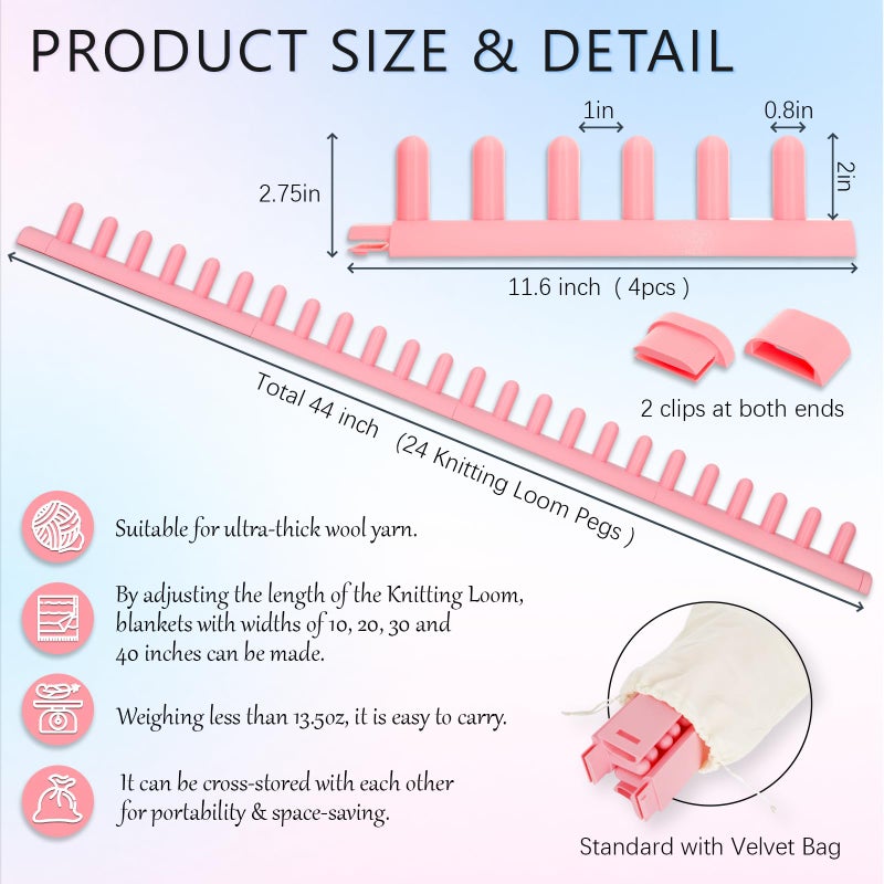 AceOrbit 44" Chunky Blanket Loom, Loom for Chunky Yarn, Detachable & Portable Design Hand Knitting Looms with a Flannel Storage Bag for DIY Throw Blankets, Beginner Friendly Yarn Craft (Light Pink) - Image 2