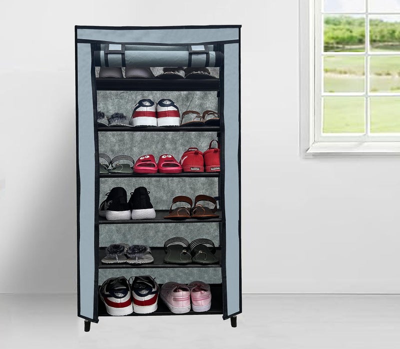 Urban Choice Multipurpose 6 Layer Metal Pipe With Non-Woven 100Gsm Fabric Cover Shoe/Cloth/Toy/Books Rack. (Grey) - Image 1