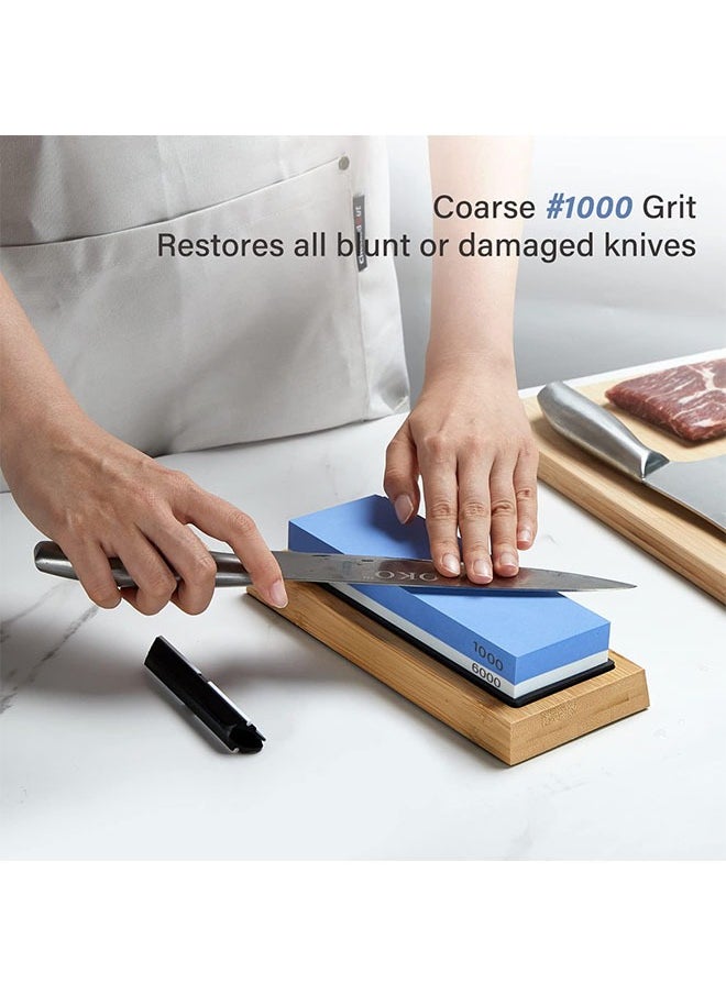 Generic - Sharpening Stone 2-in 1 Whetstone Knife Sharpener Stone Dual Sides 1000/6000 Grit Knife Sharpening Kit Wet Stone with Flattening Stone Angle Guide Non-Slip Bamboo Base for Kitchen Pocket Knife - Image 1
