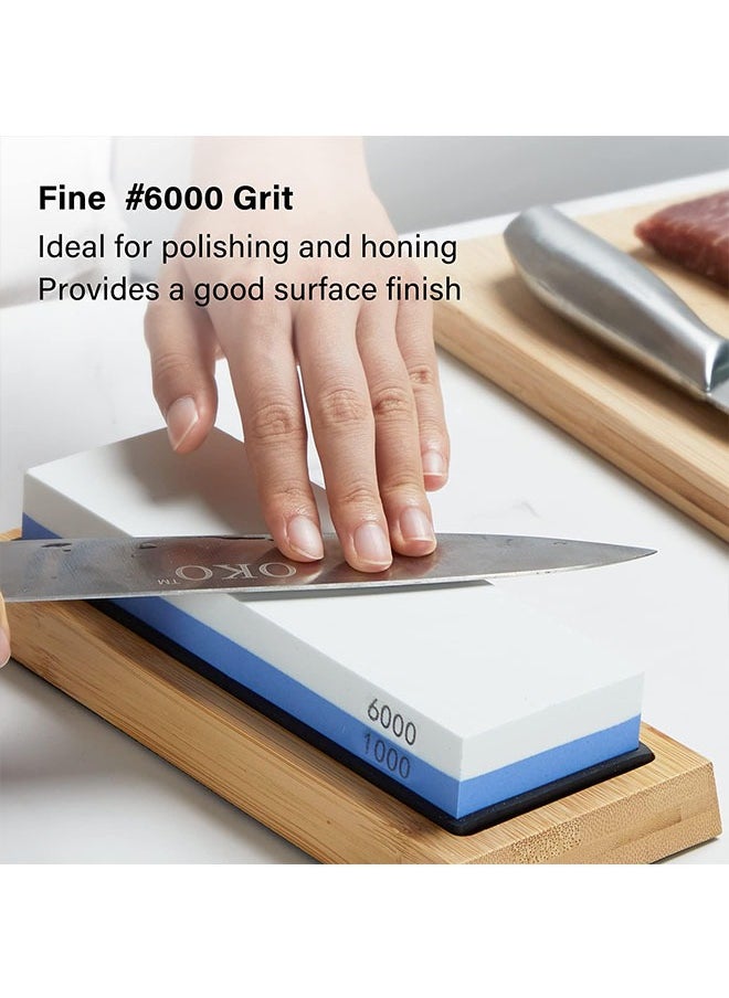 Generic - Sharpening Stone 2-in 1 Whetstone Knife Sharpener Stone Dual Sides 1000/6000 Grit Knife Sharpening Kit Wet Stone with Flattening Stone Angle Guide Non-Slip Bamboo Base for Kitchen Pocket Knife - Image 1