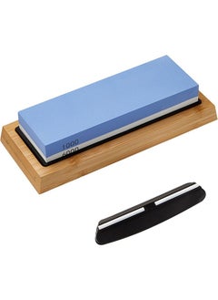 Sharpening Stone 2-in 1 Whetstone Knife Sharpener Stone Dual Sides 1000/6000 Grit Knife Sharpening Kit Wet Stone with Flattening Stone Angle Guide Non-Slip Bamboo Base for Kitchen Pocket Knife