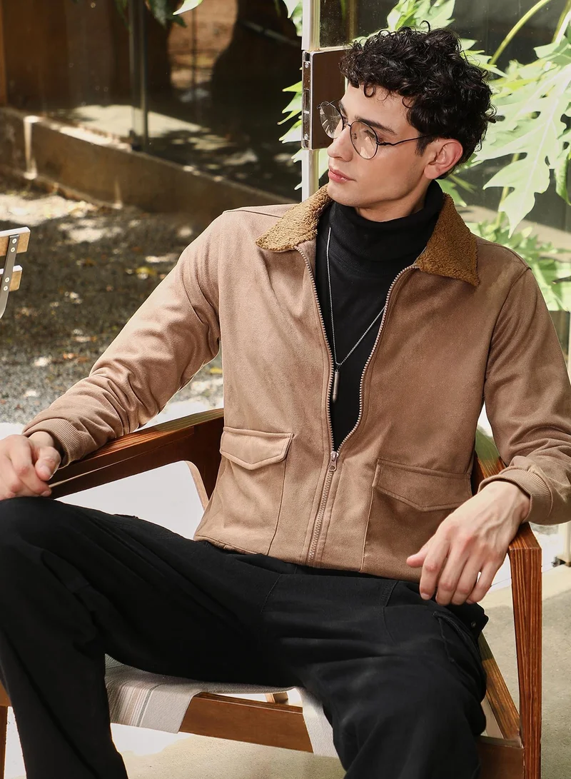 Campus Sutra Men's Tan Brown Zip-Front Sherpa-Lined Suede Jacket | Point Collar  , Ribbed Cuff Sleeves , Zipper  Closure , Ribbed-Straight Hem | Solid Textured For Casual & Daily Wear