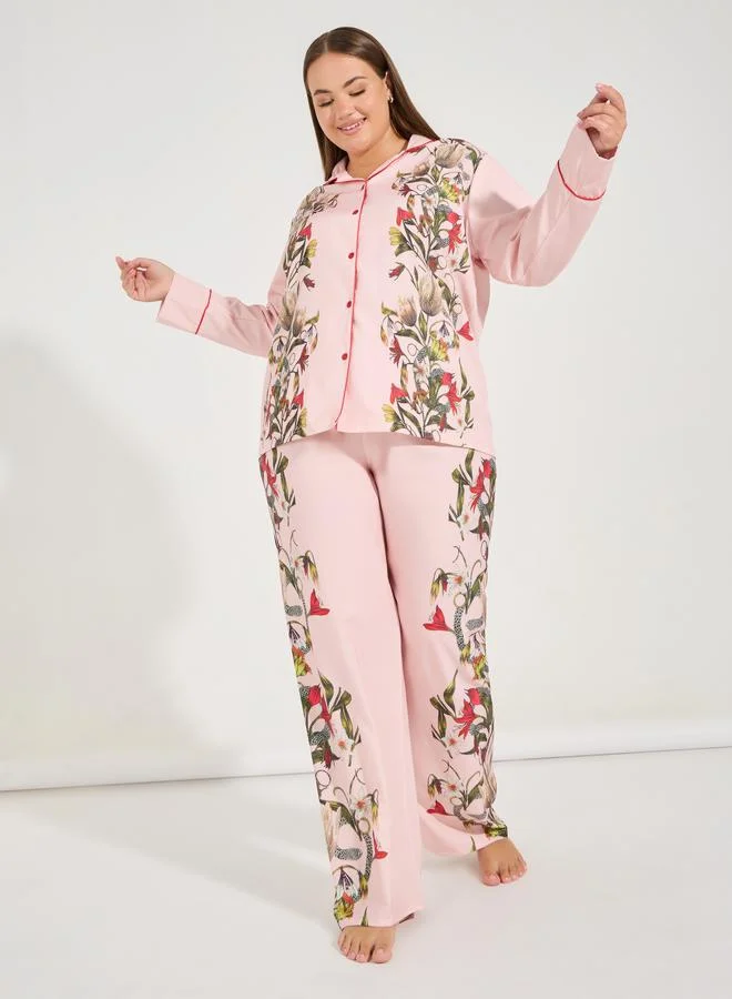 Styli Plus Size Floral Print Satin Piped Edge Shirt & Pyjama Set