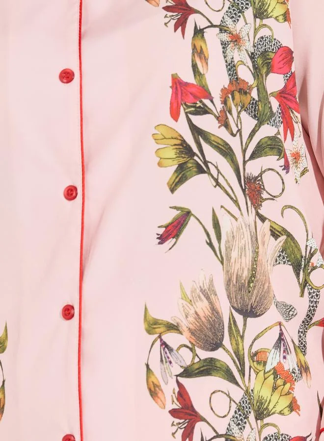Styli Plus Size Floral Print Satin Piped Edge Shirt & Pyjama Set