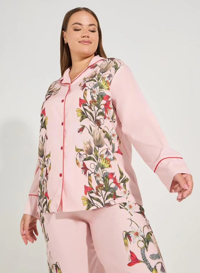 Styli Plus Size Floral Print Satin Piped Edge Shirt & Pyjama Set