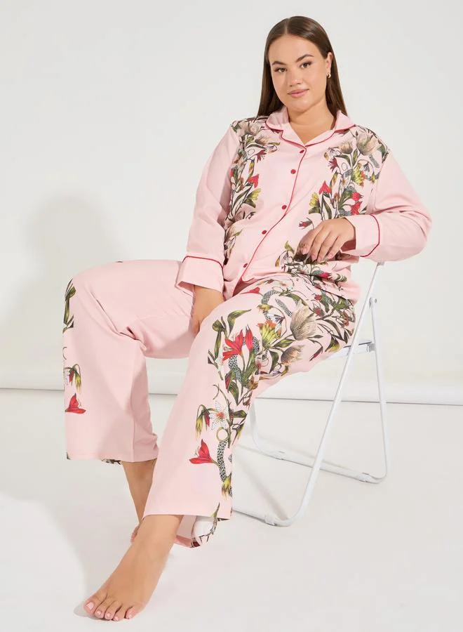 Styli Plus Size Floral Print Satin Piped Edge Shirt & Pyjama Set