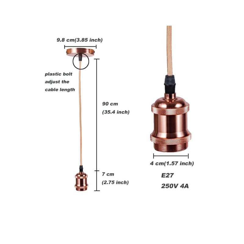 SOLARAE Ceiling Pendant & Lamp Holder, Metal Pendant Light Fitting, E27 Lamp Holder, Fitting Set with Braided Fabric Cable (Rose Gold) - Image 2