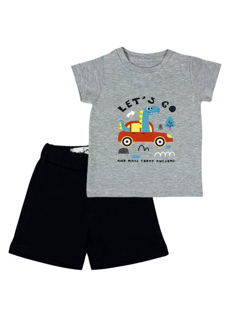 Baby Co. - Grey Dinosaur in Car Set(Grey t-shirt + Black Shorts) - Image 1