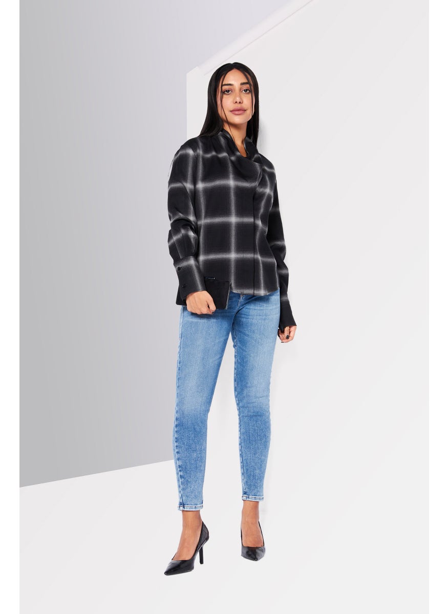 STELLA MCCARTNEY - Women Cowl Neck Long Sleeves Plaid Blouse, Black - Image 1