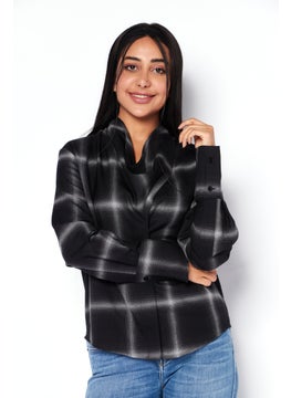 Women Cowl Neck Long Sleeves Plaid Blouse, Black