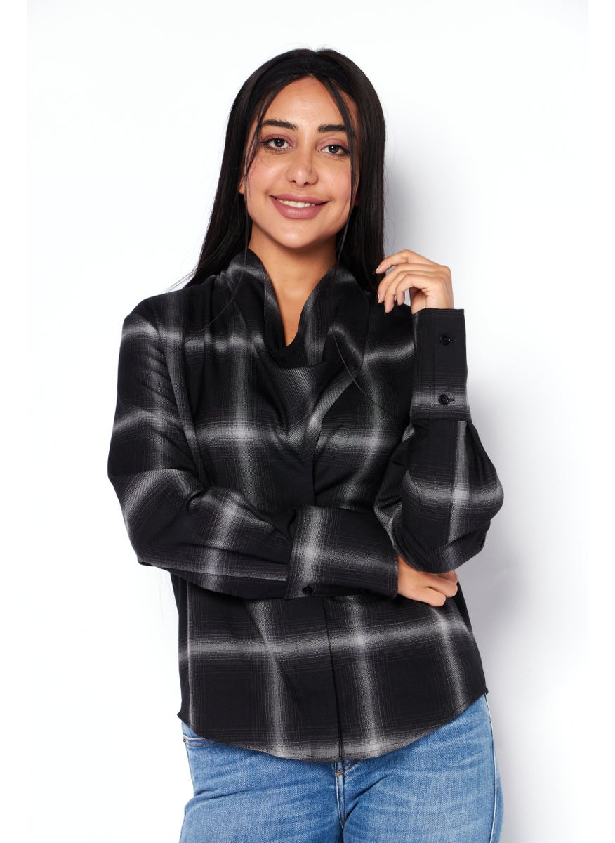 STELLA MCCARTNEY - Women Cowl Neck Long Sleeves Plaid Blouse, Black - Image 1