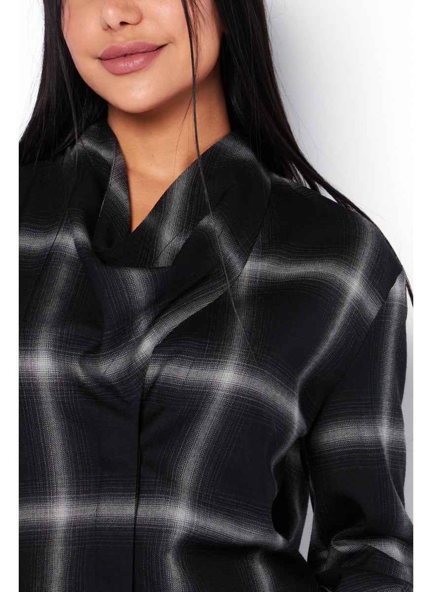 STELLA MCCARTNEY - Women Cowl Neck Long Sleeves Plaid Blouse, Black - Image 1