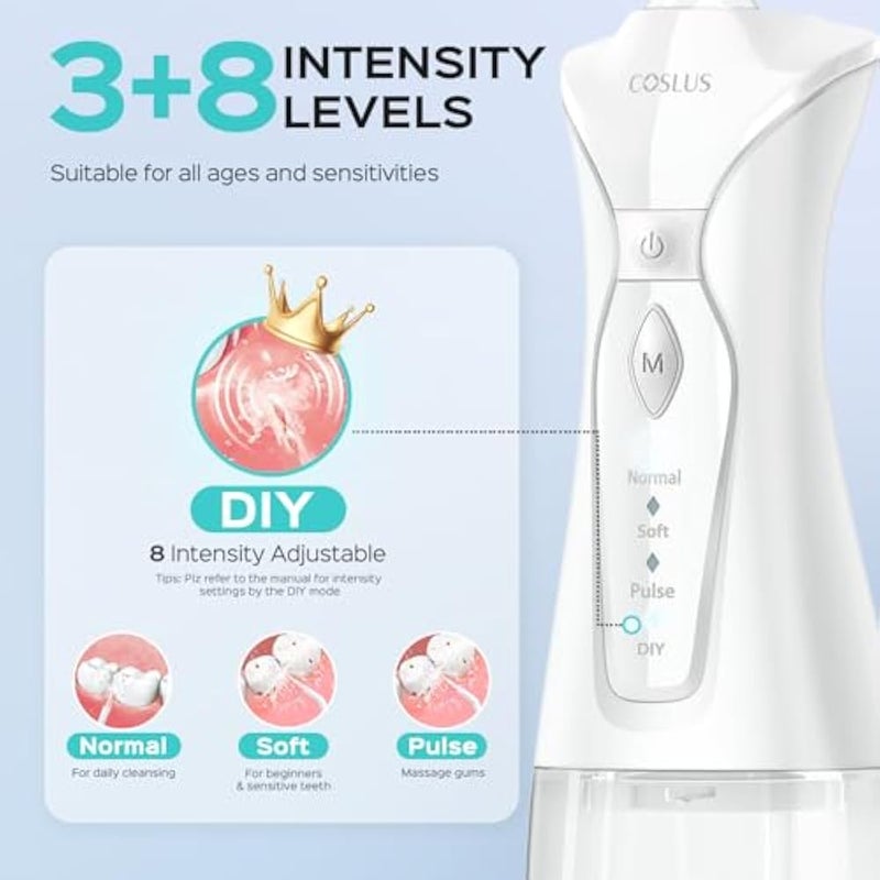 COSLUS Cordless Water Flosser for Teeth, Braces, Gums Care - 3 Modes and 8 DIY Customization, Rechargeable, IPX7 Waterproof, 300ML, BPA-Free, Portable for Home & Travel, White C30(FC5036) - Image 3