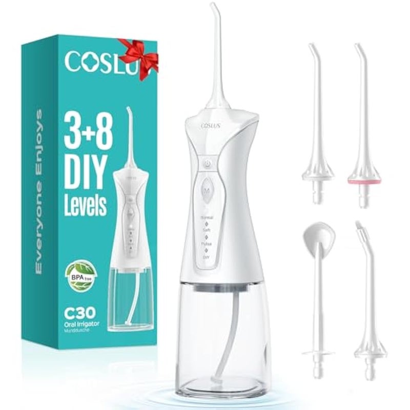 COSLUS Cordless Water Flosser for Teeth, Braces, Gums Care - 3 Modes and 8 DIY Customization, Rechargeable, IPX7 Waterproof, 300ML, BPA-Free, Portable for Home & Travel, White C30(FC5036) - Image 1