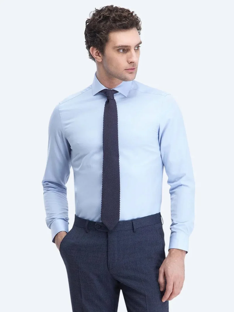 Kip Light Blue Plain Regular Fit Weaving Classical Cotton Blended Shirt