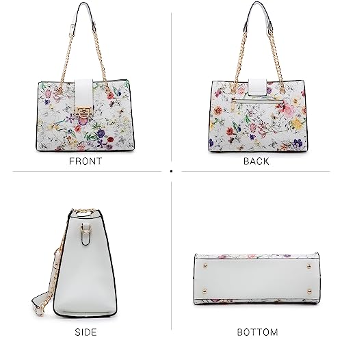 Dasein Women's Fashion Tote and Shoulder Bag - Top Handle and Hobo With Matching Clutch in White Floral - Image 5