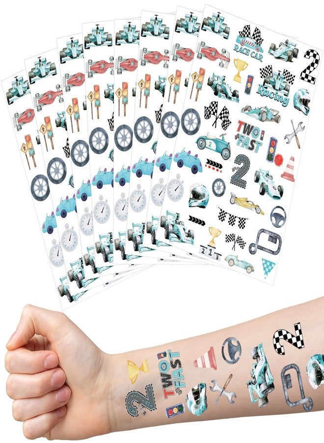 EoBeCy Two Fast Birthday Temporary Tattoos - 280 Pcs 2 Fast 2 Curious Birthday Decorations Party Favors Supplies, Blue Race Car Helmet Design(8 sheets) - Image 2