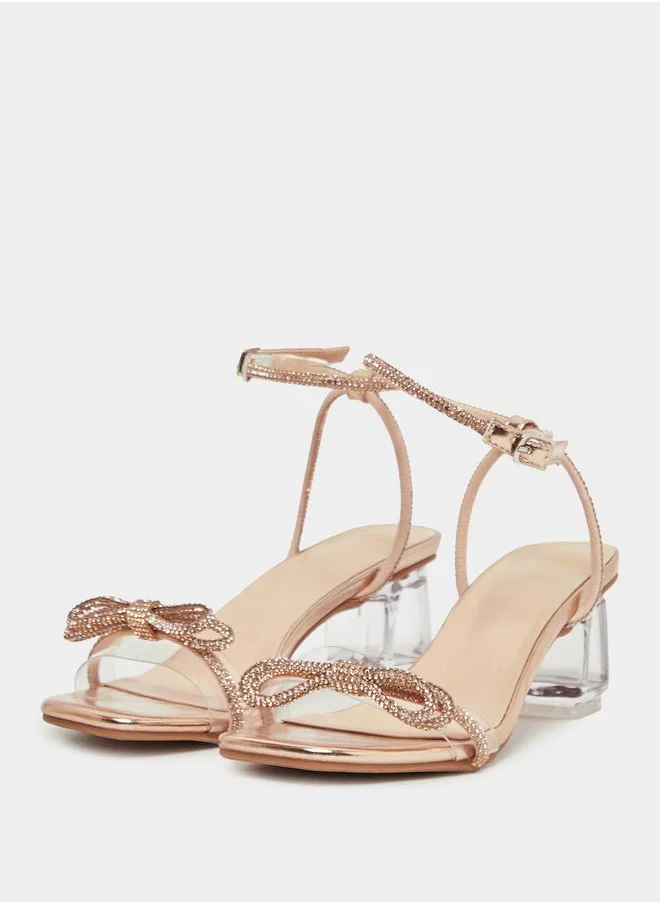 Styli Embellished Ribbon Accent Block Heel Sandals