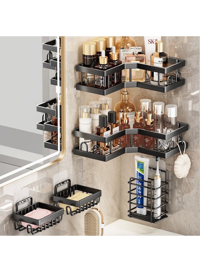 حامل دش زاوية كبير الحجم من 5 قطع، مع حامل صابون وحامل فرشاة الاسنان، سعة كبيرة بدون ثقب من الستانلس ستيل تحمل 40 باوند، رف منظم للحمام العائلي، اسود - Image 1