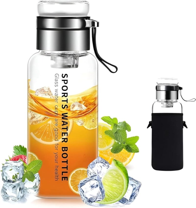 Protective Sleeve - Clear borosilicate glass bottle, 1000ml capacity, leak-proof, stainless steel tea infuser, bring-along sleeve, strap for gym, sports, commute.