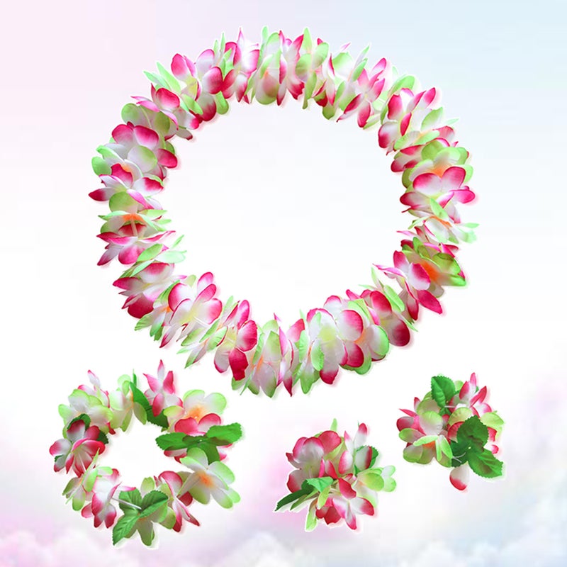 4 Pcs Hawaiian Garland Thicken Artificial Flower Headband Necklace Bracelet Tropical Beach Party Fancy Dress ( and Green) - Image 1