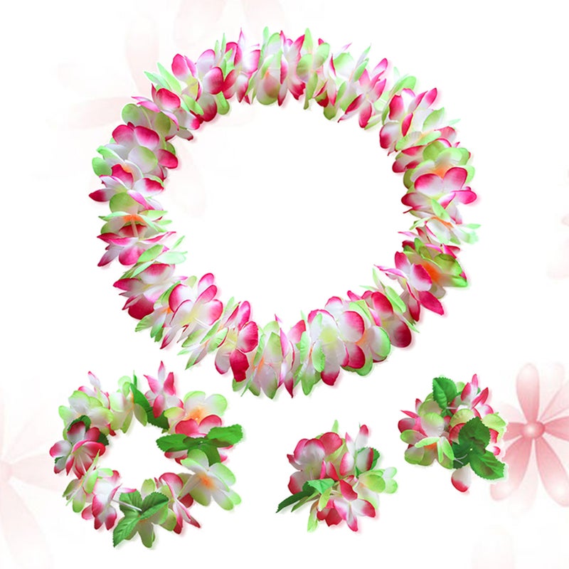 4 Pcs Hawaiian Garland Thicken Artificial Flower Headband Necklace Bracelet Tropical Beach Party Fancy Dress ( and Green) - Image 3