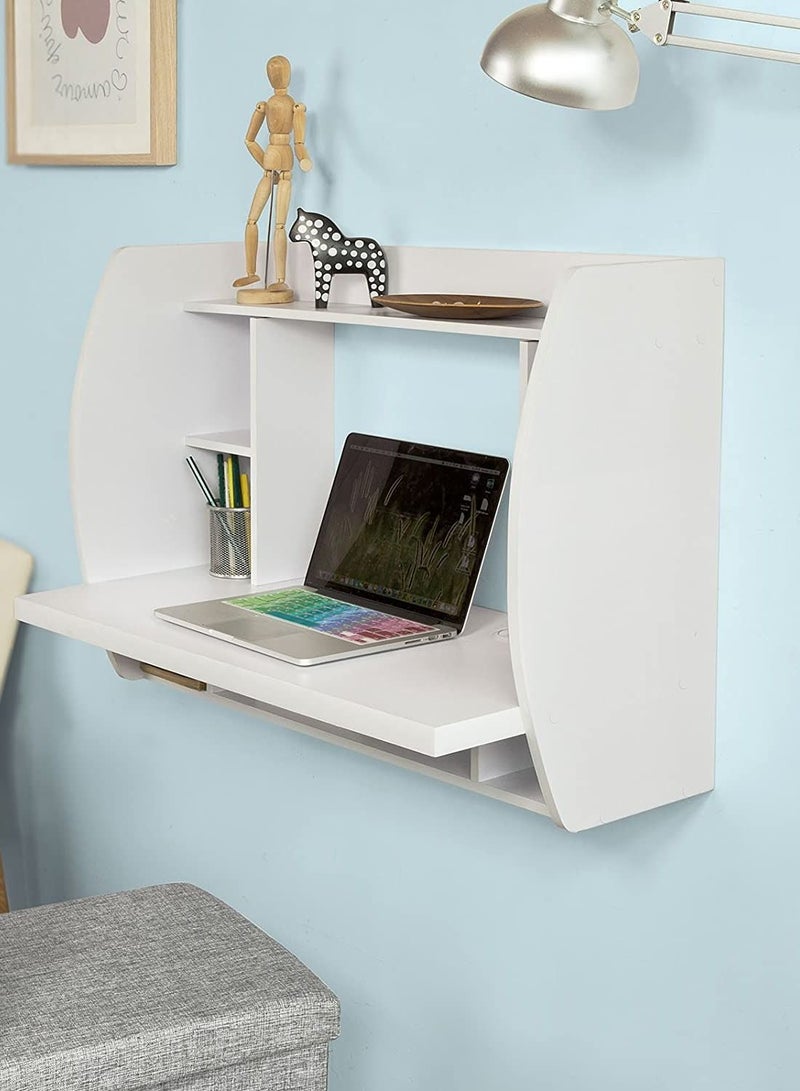 Floating Space Saving Wall Mounted Table TV Shelf Computer Desk for Home Office Workstation with multiple storage shelves side compartments and wire management system Sturdy Material