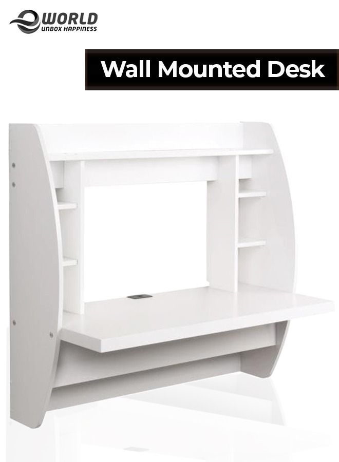 Floating Space Saving Wall Mounted Table TV Shelf Computer Desk for Home Office Workstation with multiple storage shelves side compartments and wire management system Sturdy Material