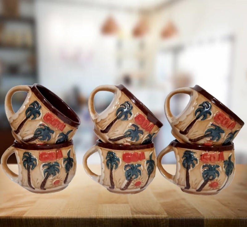Purpledip Ceramic Tea Coffee Cups: Set of 6 Goa Beach Design Mugs (10059) - Image 1