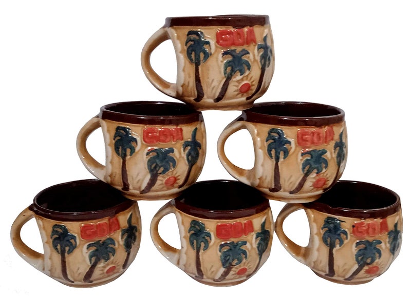 Purpledip Ceramic Tea Coffee Cups: Set of 6 Goa Beach Design Mugs (10059) - Image 2