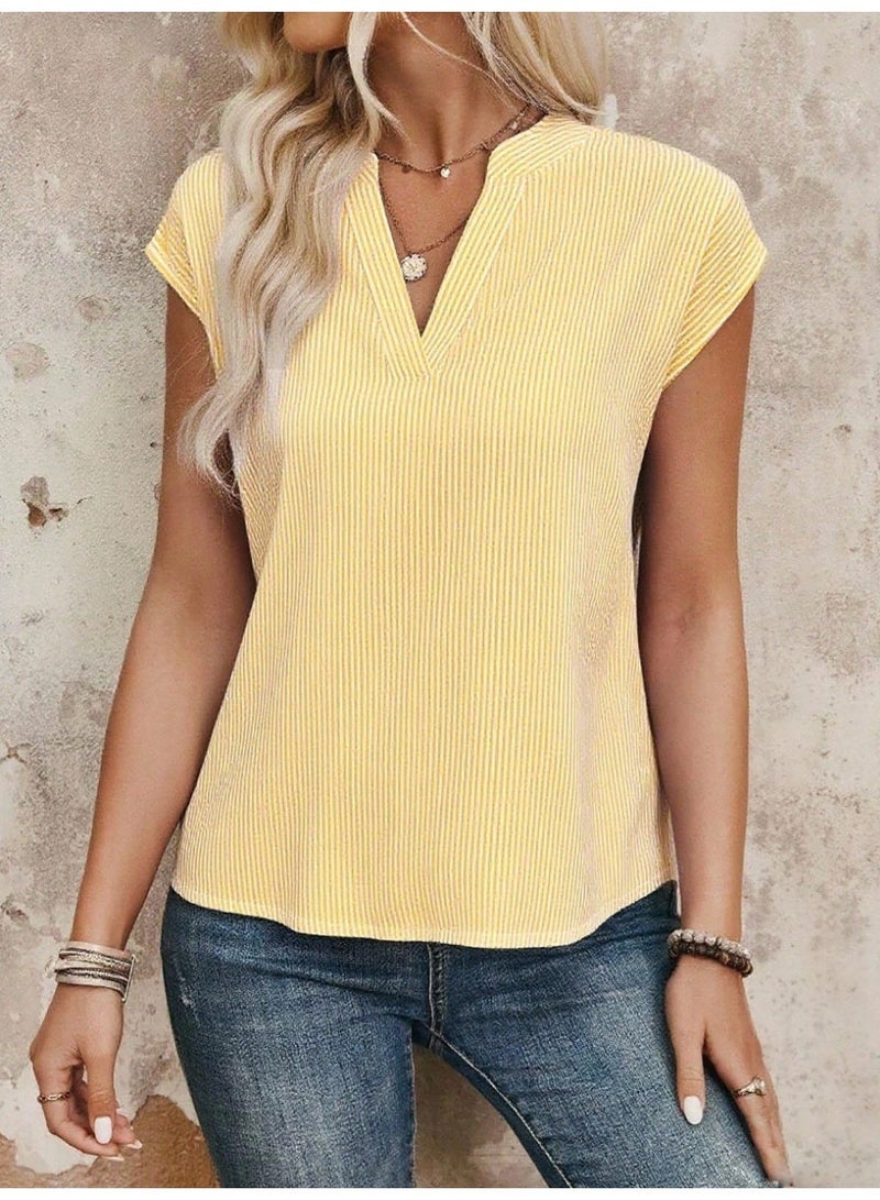 EMERY ROSE Striped Print Notch Collar Casual Versatile Short Sleeve Shirt - Image 3