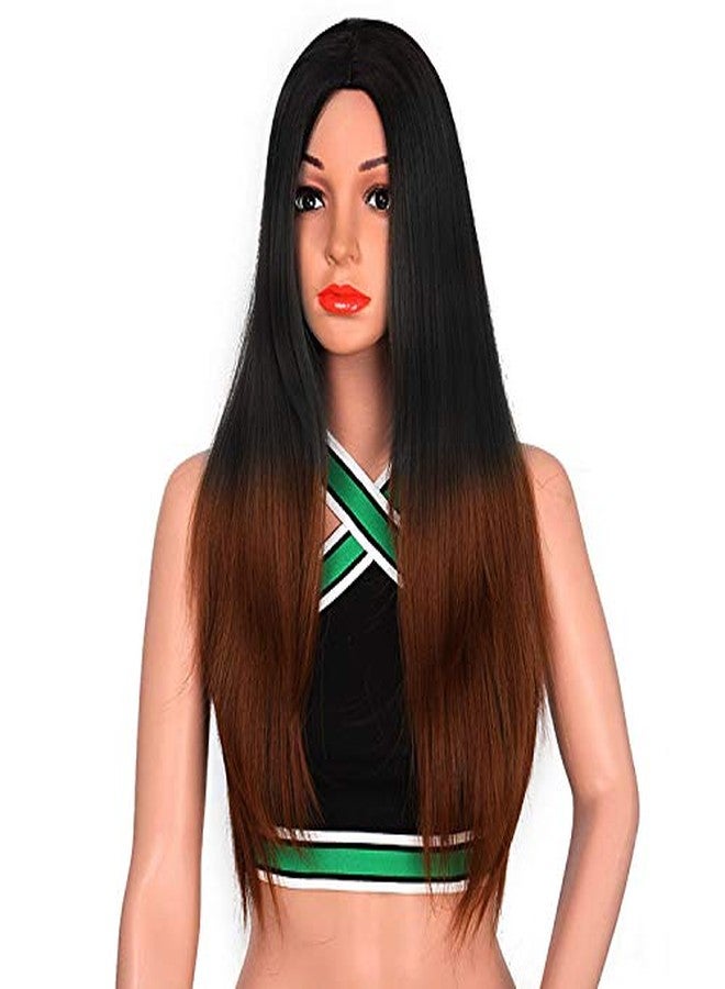 بلوشيا شعر مستعار نسائي طويل من BLUSHIA، مصنوع من مواد صناعية، مع خصلات ذهبية، مناسب للنساء/شعر مستعار نسائي، شعر طبيعي، أسود أومبري (بدون غرة). - Image 2