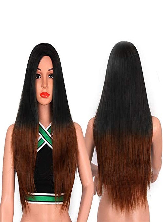 بلوشيا شعر مستعار نسائي طويل من BLUSHIA، مصنوع من مواد صناعية، مع خصلات ذهبية، مناسب للنساء/شعر مستعار نسائي، شعر طبيعي، أسود أومبري (بدون غرة). - Image 1