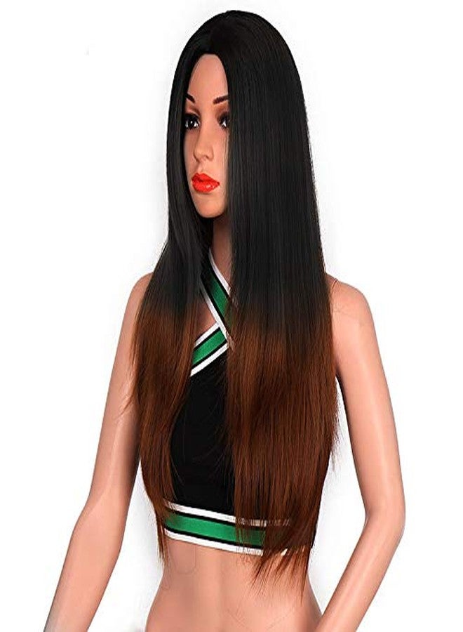 بلوشيا شعر مستعار نسائي طويل من BLUSHIA، مصنوع من مواد صناعية، مع خصلات ذهبية، مناسب للنساء/شعر مستعار نسائي، شعر طبيعي، أسود أومبري (بدون غرة). - Image 4