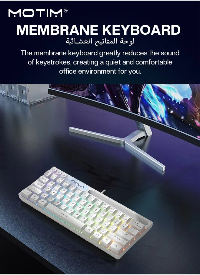 61 Keys Wired RGB Gaming Keyboard with Phone Holder, Ultral Compact Wired Mechanical Keyboard RGB Backlit, Full-Sized Typewriter, for iOS Android and Window