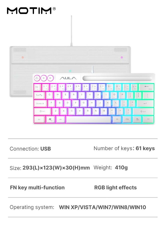 61 Keys Wired RGB Gaming Keyboard with Phone Holder, Ultral Compact Wired Mechanical Keyboard RGB Backlit, Full-Sized Typewriter, for iOS Android and Window