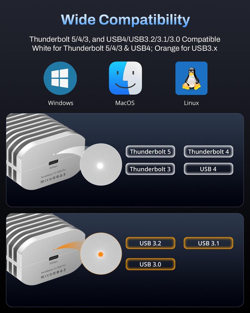 TERRAMASTER D1 SSD Pro 80Gbps M.2 NVMe SSD Enclosure, up to 7061MB/s, All-Aluminum Case with Efficient Cooling, Zero Noise, Compatible with USB 4/3.2/3.1/3.0, Thunderbolt 5/4/3 (Diskless) - Image 5
