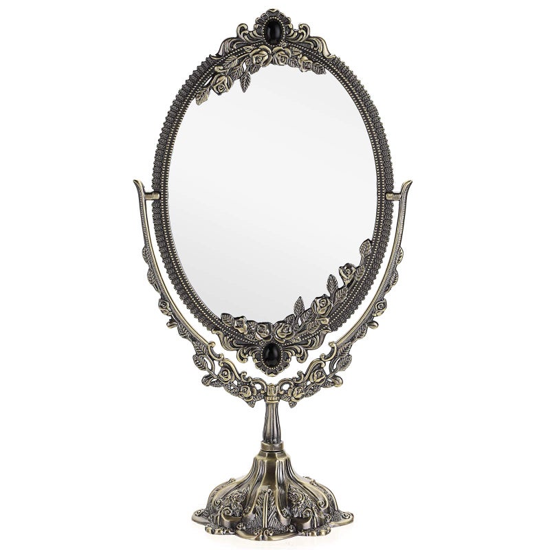 JUXYES Metal Tabletop Antique Decorative Makeup Mirror with Stand Vintage Swivel Double Sided Cosmetic Mirror with Frame Retro Desktop Oval Dressing Mirror for Bathroom Bedroom