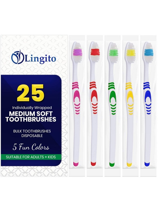 Lingito 25 Bulk Toothbrushes | Individually Wrapped | Manual Disposable Travel Toothbrush Set for Adults or Kids | Made with a Medium-Soft Large Head | Multi-Color | Travel Toiletry Oral Set - Image 2