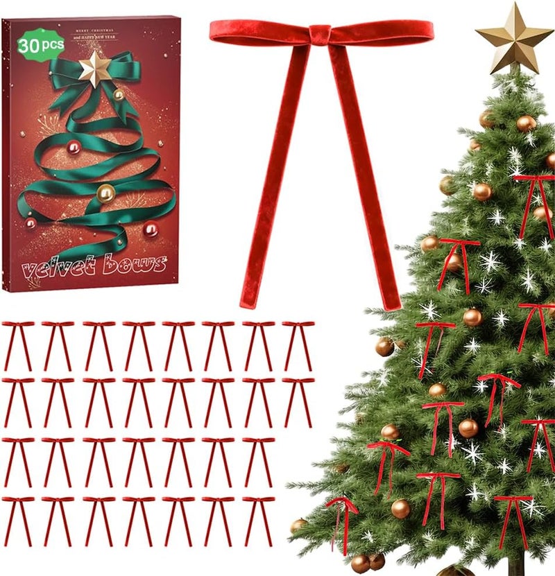 WICHOO Red Velvet Bows for Christmas Tree - 30Pcs Vintage Ribbon Bows for Tree Decorations, 3/8" Small Bows for Garland, Wreath, Fireplace, Door, Gift Wrapping, Holiday Decor (5 x 7 Inch) - Image 1
