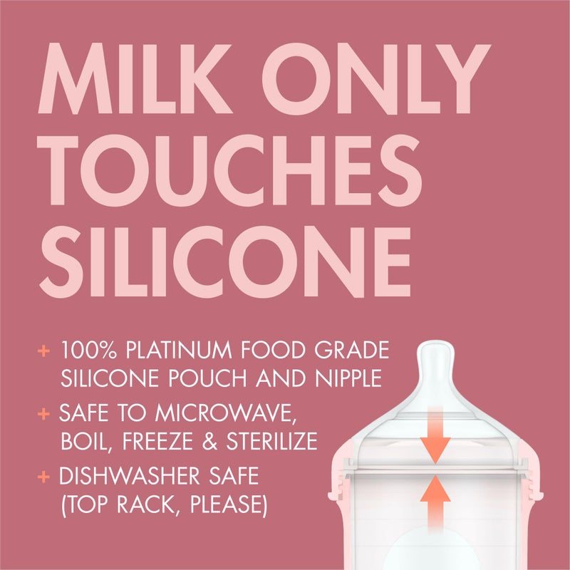 Boon Nursh Reusable Silicone Pouch Baby Bottles - Slow Flow Nipple - Silicone Baby Bottle Pouch and Nipple - Baby Feeding Essentials - Pink - 0-3 Months - 3 Count - 4 Ounce - Image 4