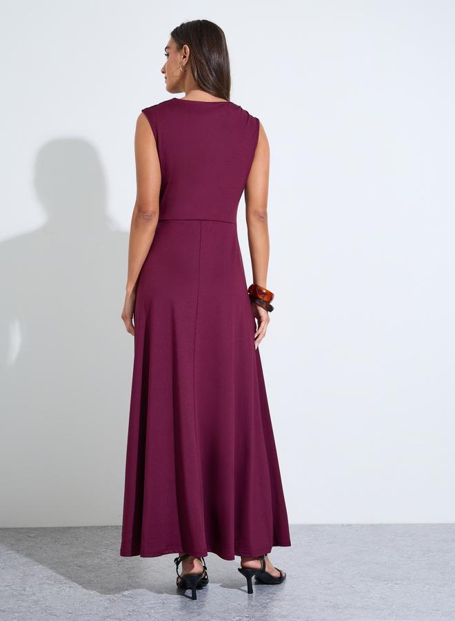 Styli Burgundy Solid Gathered Waist Detail Sleeveless A-Line maxi Dress - Image 3