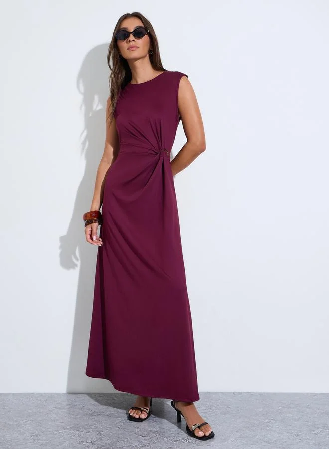 Burgundy Solid Gathered Waist Detail Sleeveless A-Line maxi Dress