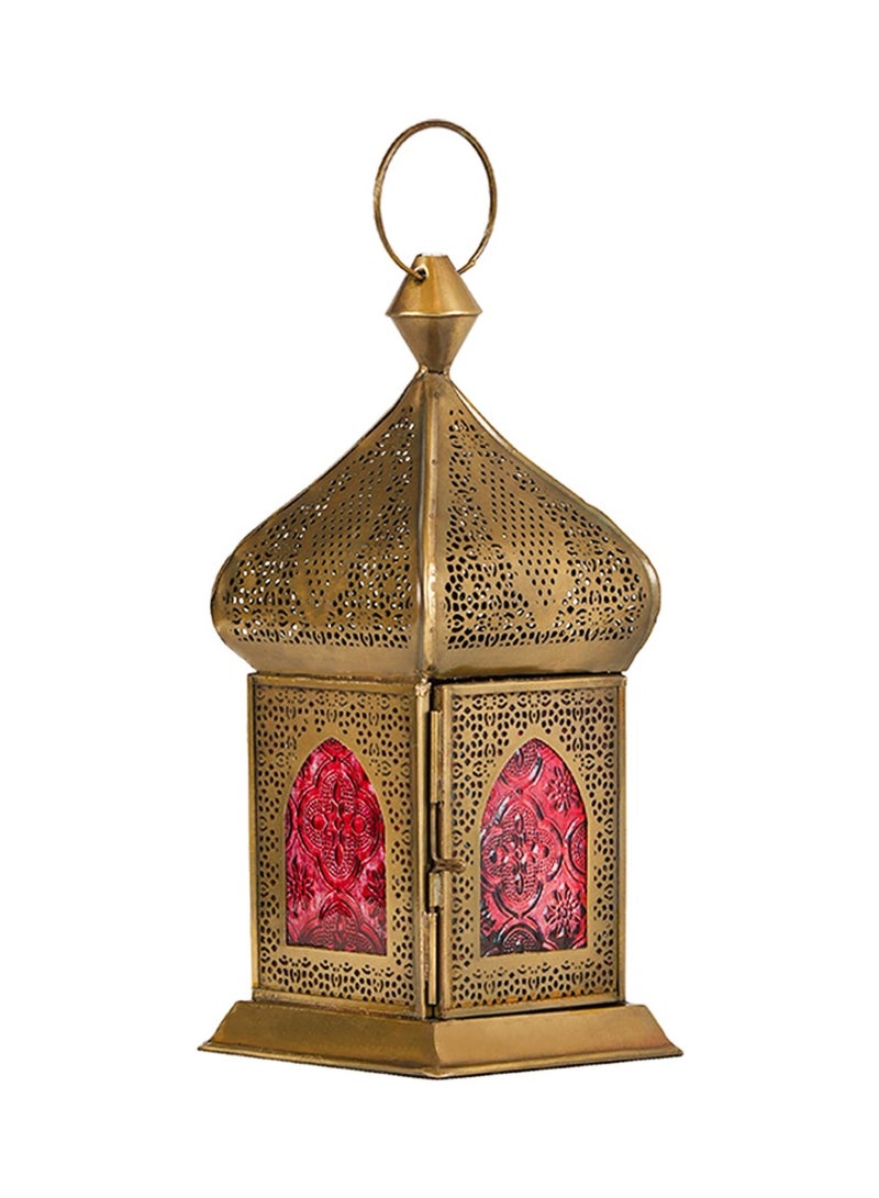Hilalful HilalFul Damascene Brass Antique Red Glass Decorative Candle Holder Lantern | For Home Decor in Eid, Ramadan, Wedding | Living Room, Bedroom, Indoor, Outdoor Decoration | Islamic Themed | Moroccan  - Image 1