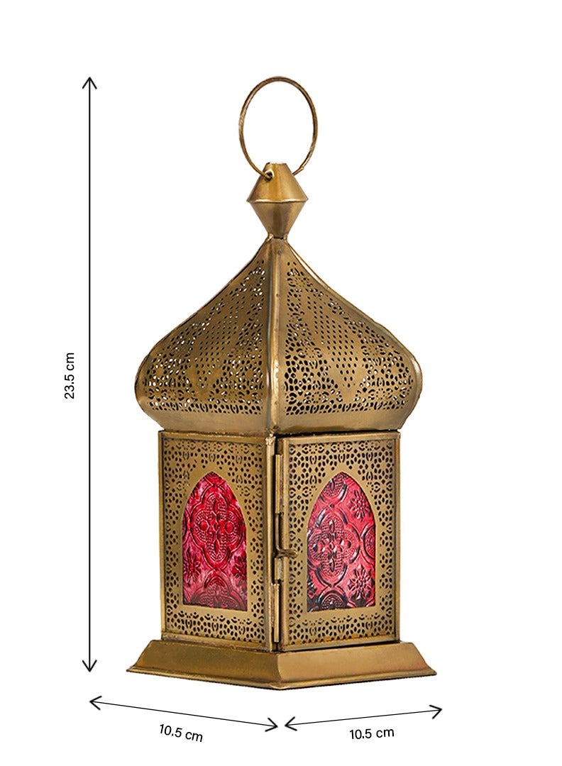 Hilalful HilalFul Damascene Brass Antique Red Glass Decorative Candle Holder Lantern | For Home Decor in Eid, Ramadan, Wedding | Living Room, Bedroom, Indoor, Outdoor Decoration | Islamic Themed | Moroccan  - Image 2
